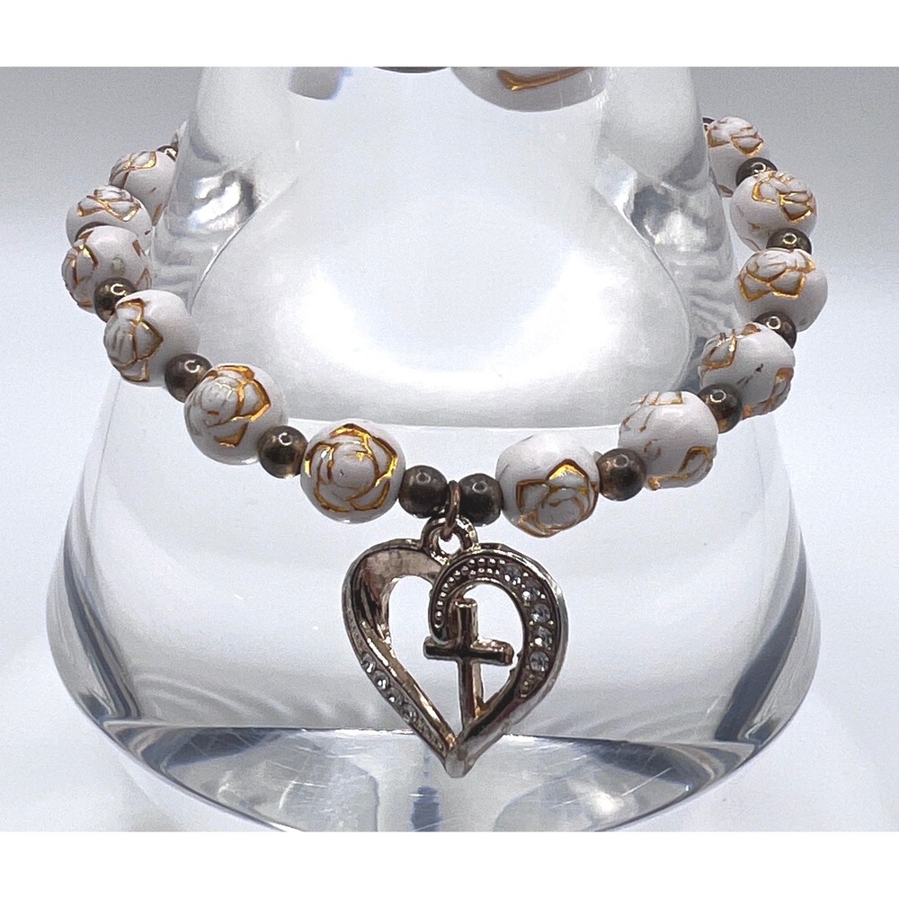 White Rose Beaded Stretch Bracelet w/ Heart‎ Cross Charm Faith Jewelry
